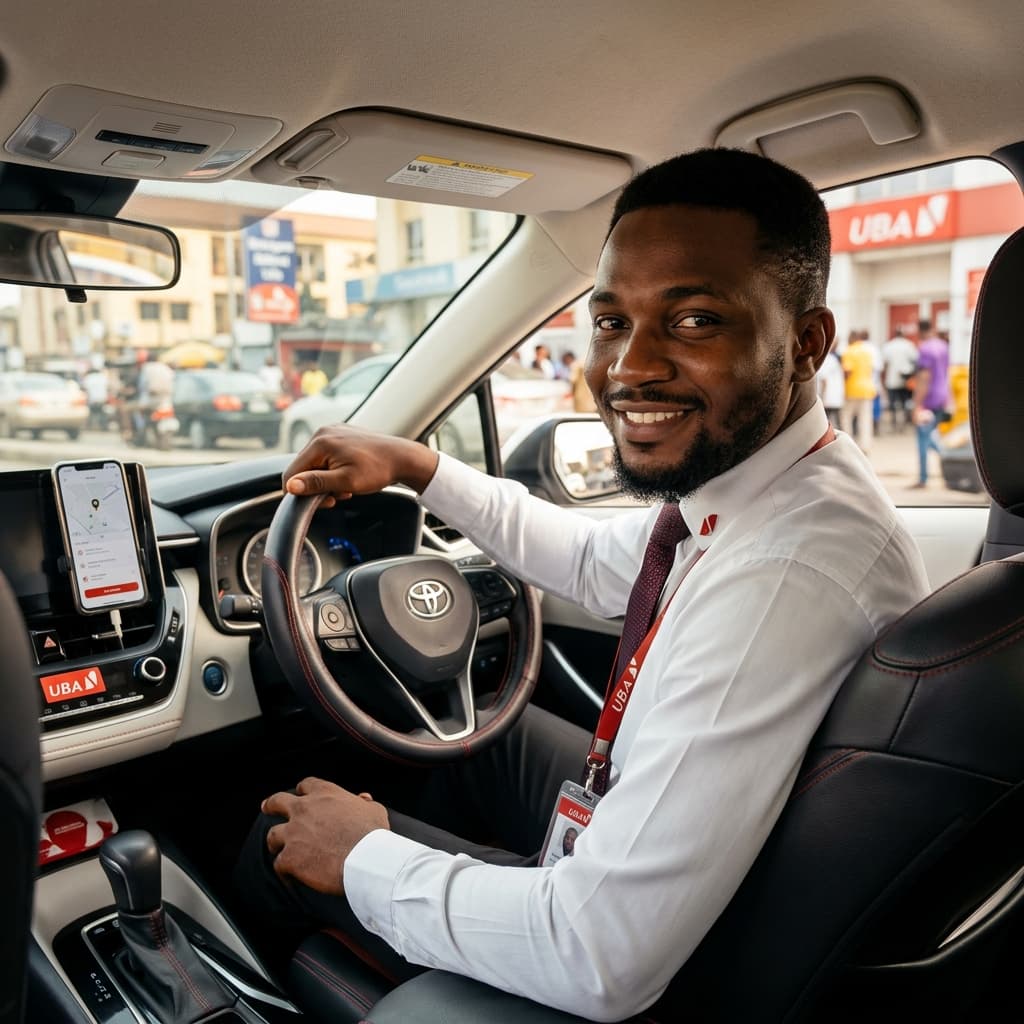 Smiling OnaAga driver in a modern car